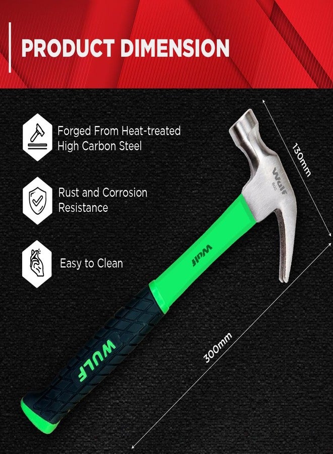 WULF 226g (8oz) Claw Hammer | Heavy Duty Steel Head with Fiberglass Handle | 2-in-1 Combination Flat & Claw Hammer | Carpenter Tools for Woodwork, DIY, Home & Professional Use (Black & Green) - Image 2